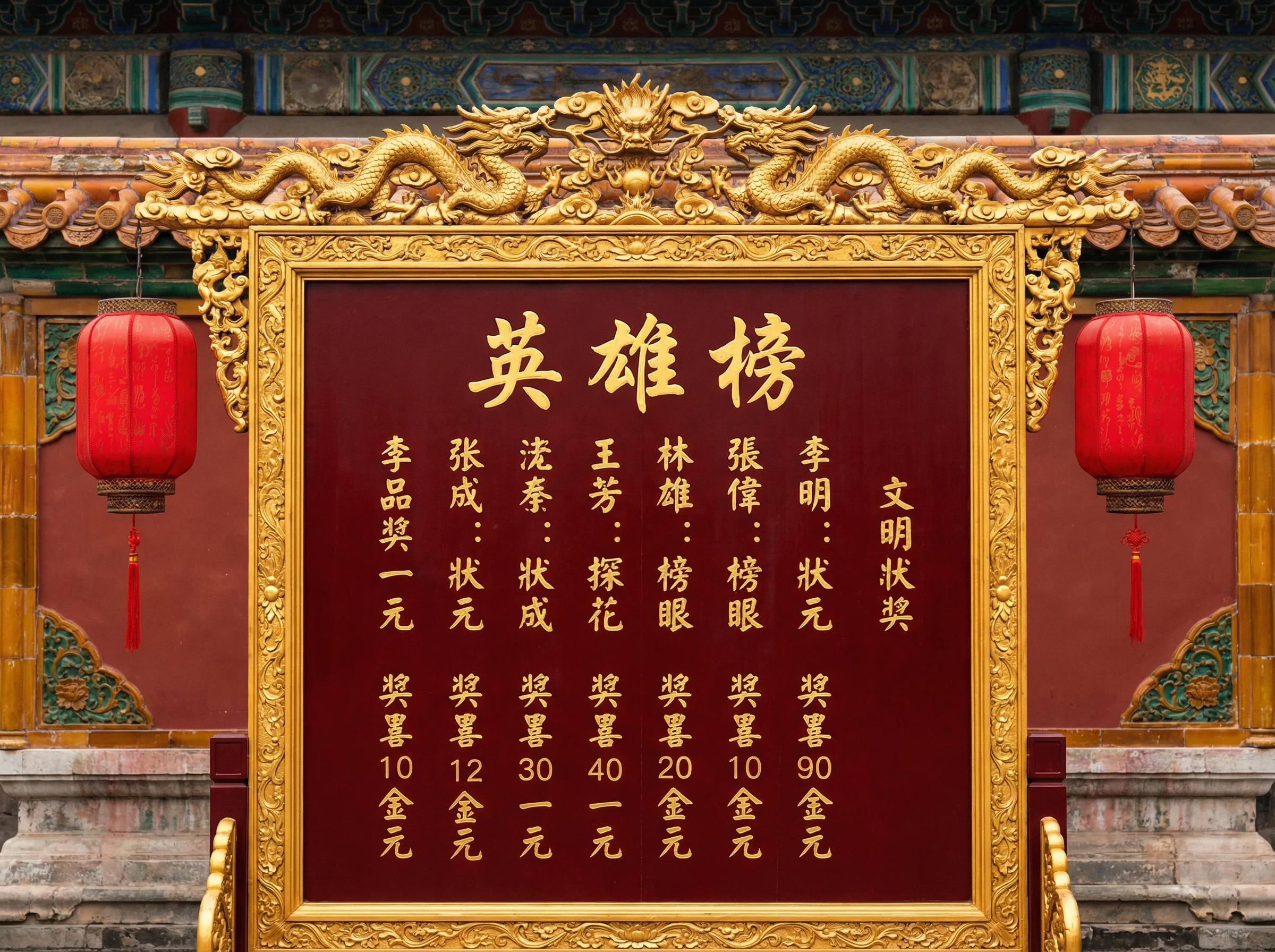 pg试玩英雄榜中奖喜报红榜金色龙纹